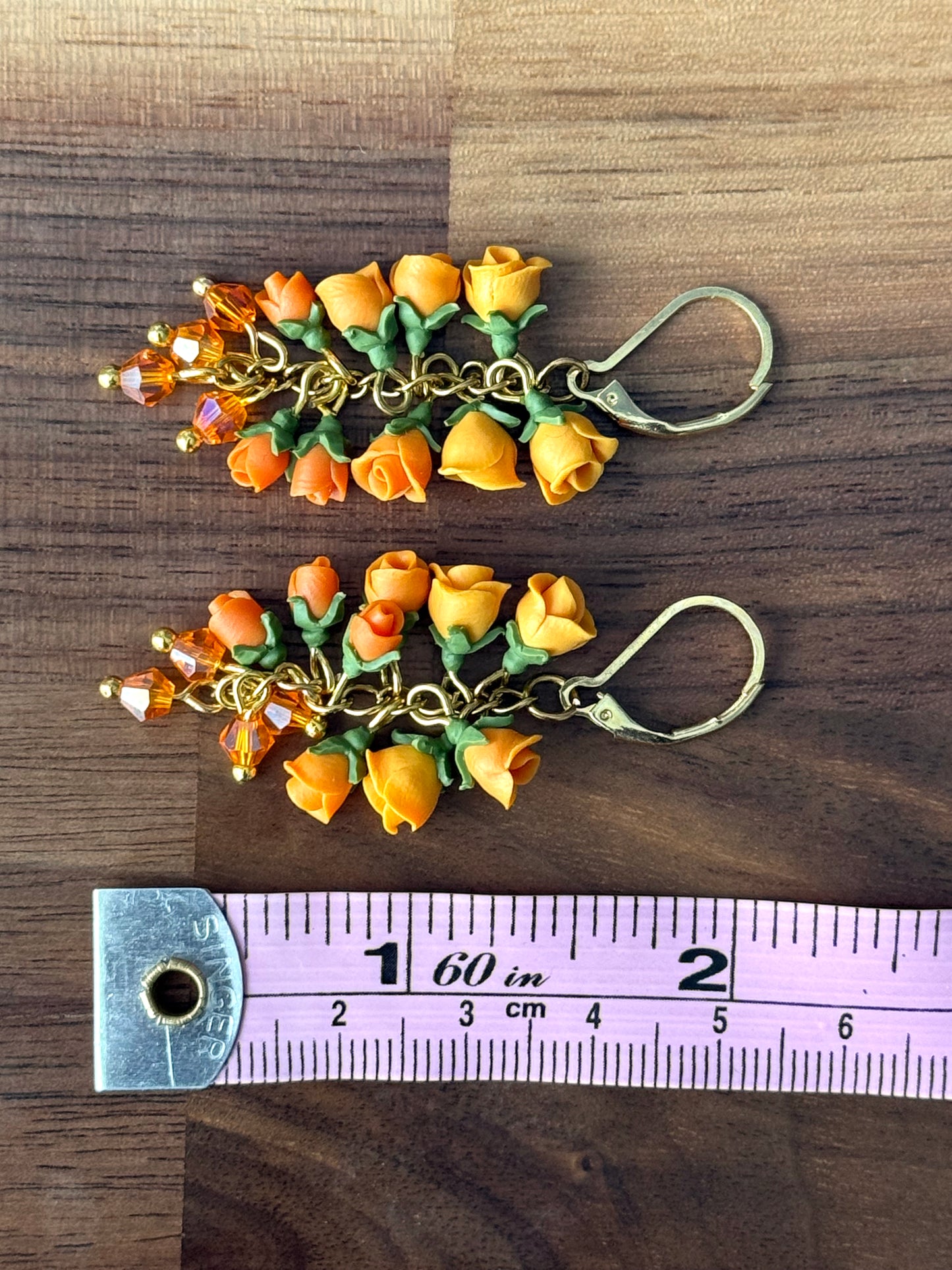 Sunset Orange Rose Polymer Clay Dangle Earrings