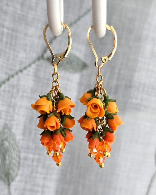 Sunset Orange Rose Polymer Clay Dangle Earrings