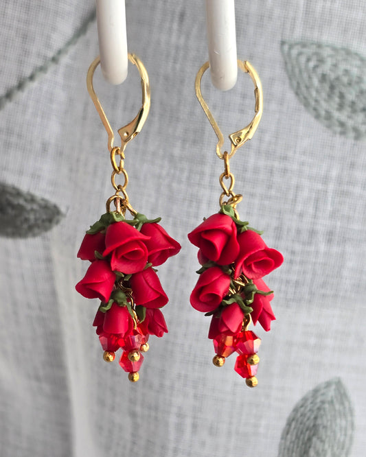 Bright Red Rose Polymer Clay Dangle Earrings
