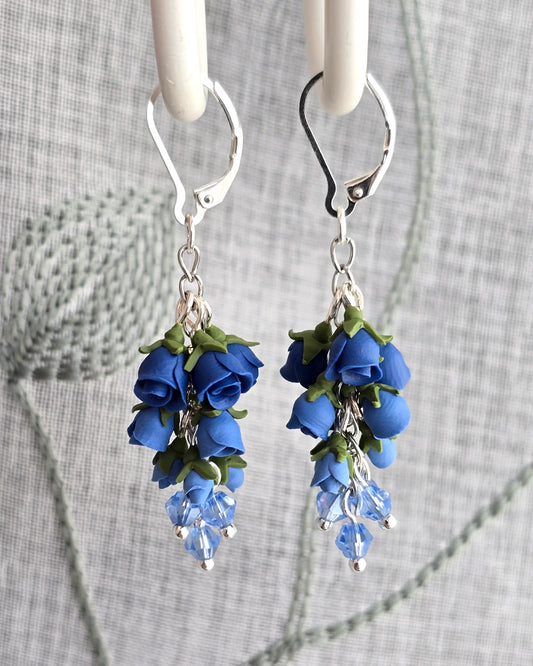 Pastel Blue Rose Polymer Clay Dangle Earrings