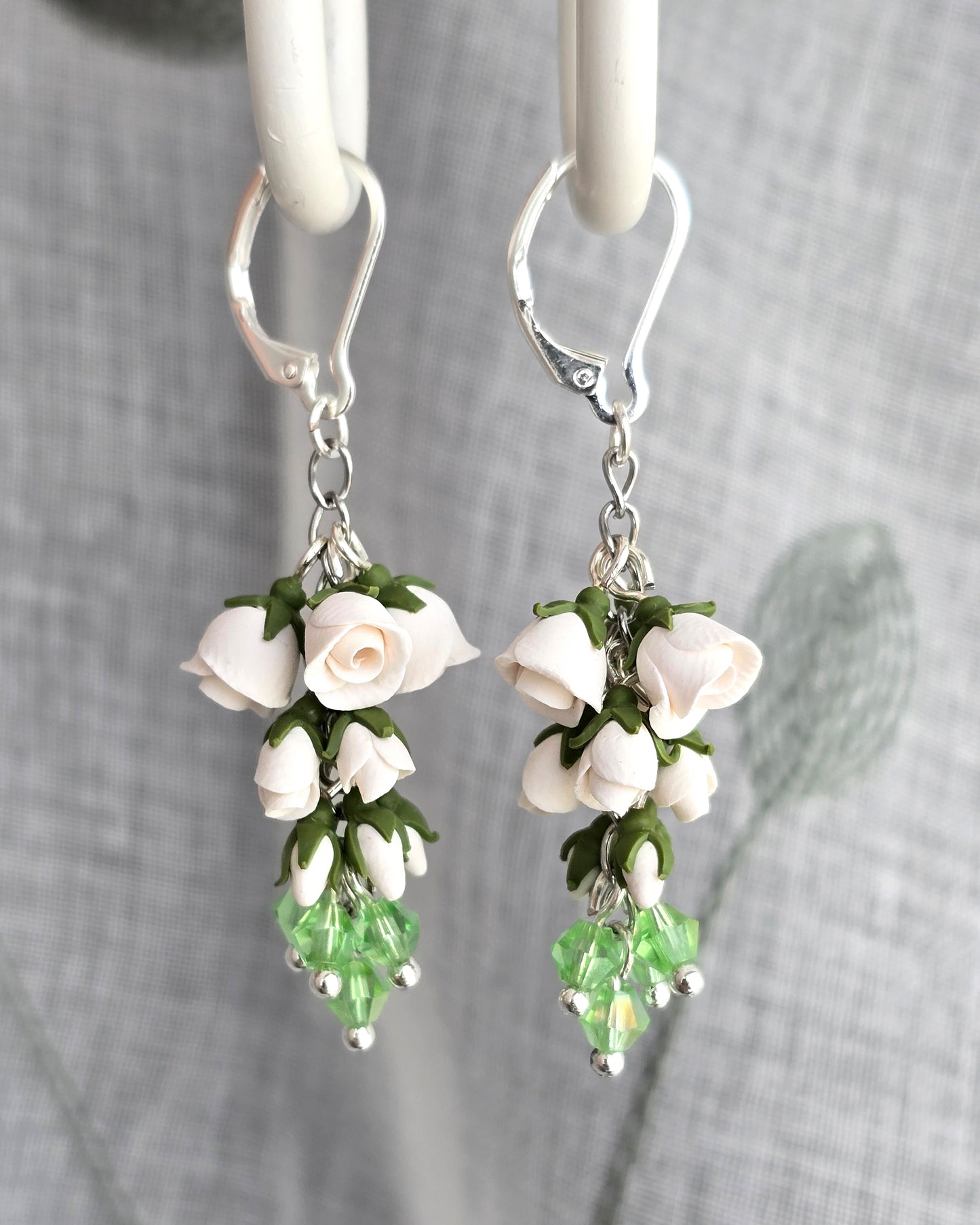 Soft White Rose Polymer Clay Dangle Earrings
