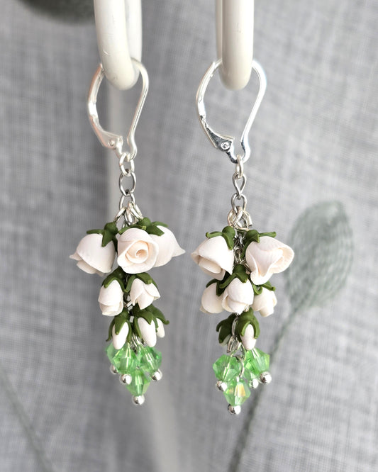 Soft White Rose Polymer Clay Dangle Earrings