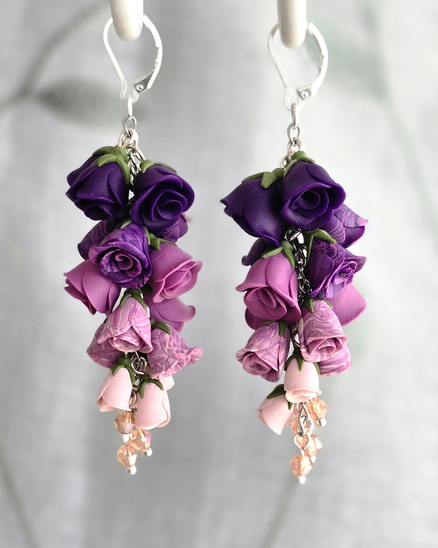 Royal Purple and Pink Gradient Rose Polymer Clay Dangle Earrings