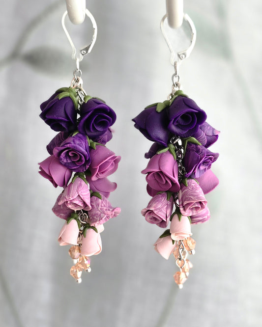 Royal Purple and Pink Gradient Rose Polymer Clay Dangle Earrings