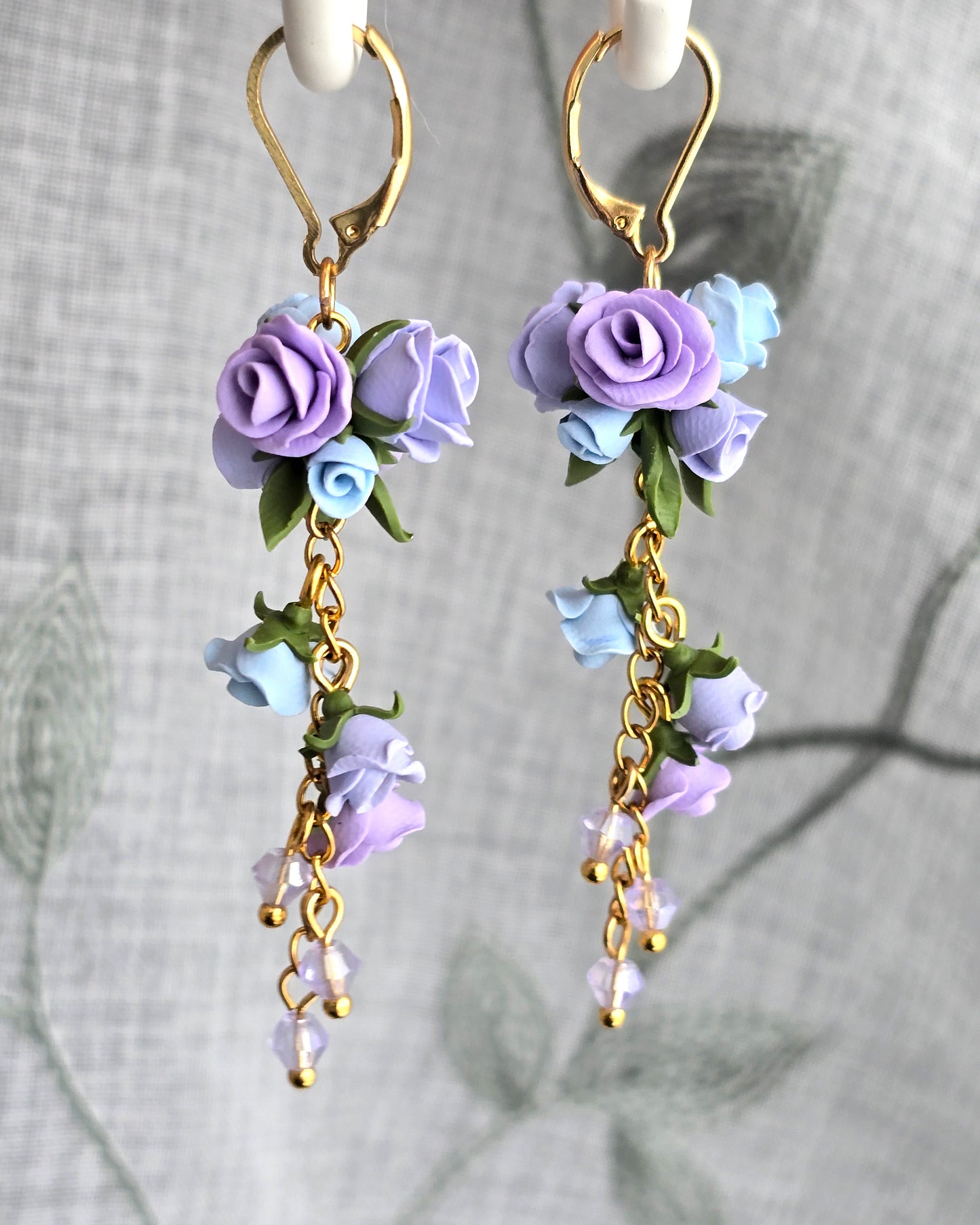 Pastel Blue and Purple Rose Boquete Polymer Clay Dangle Earrings