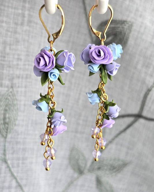 Pastel Blue and Purple Rose Boquete Polymer Clay Dangle Earrings