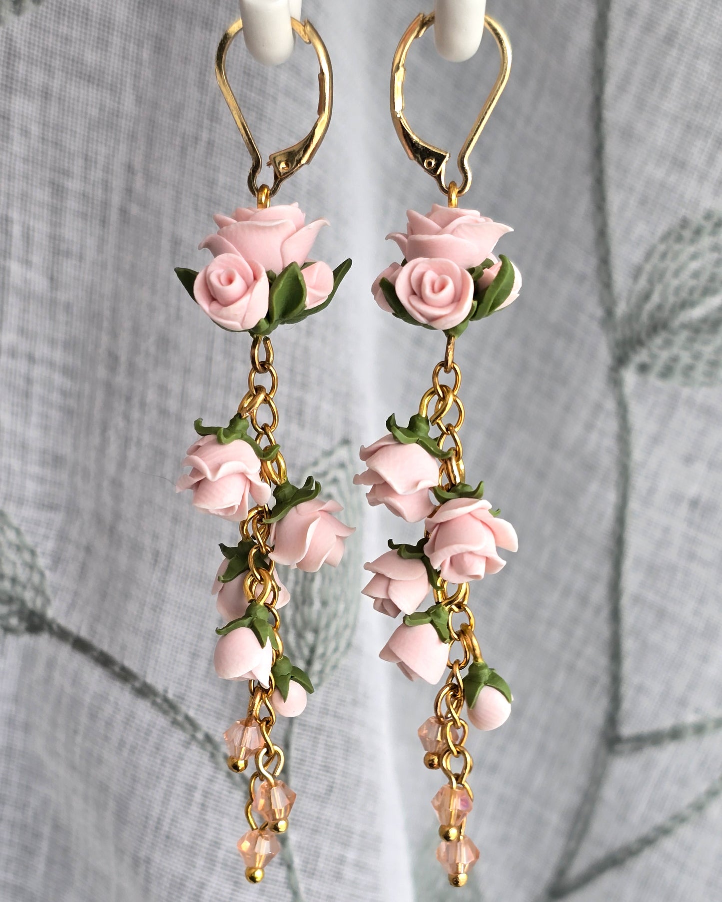 Pink Rose Boquete Polymer Clay Dangle Earrings