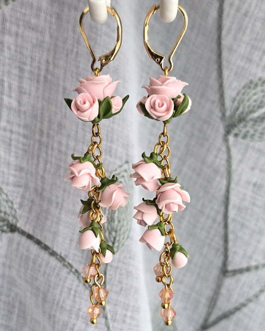 Pink Rose Boquete Polymer Clay Dangle Earrings