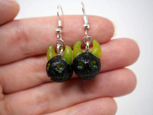 Neon Green and Black Demon Skull Earrings