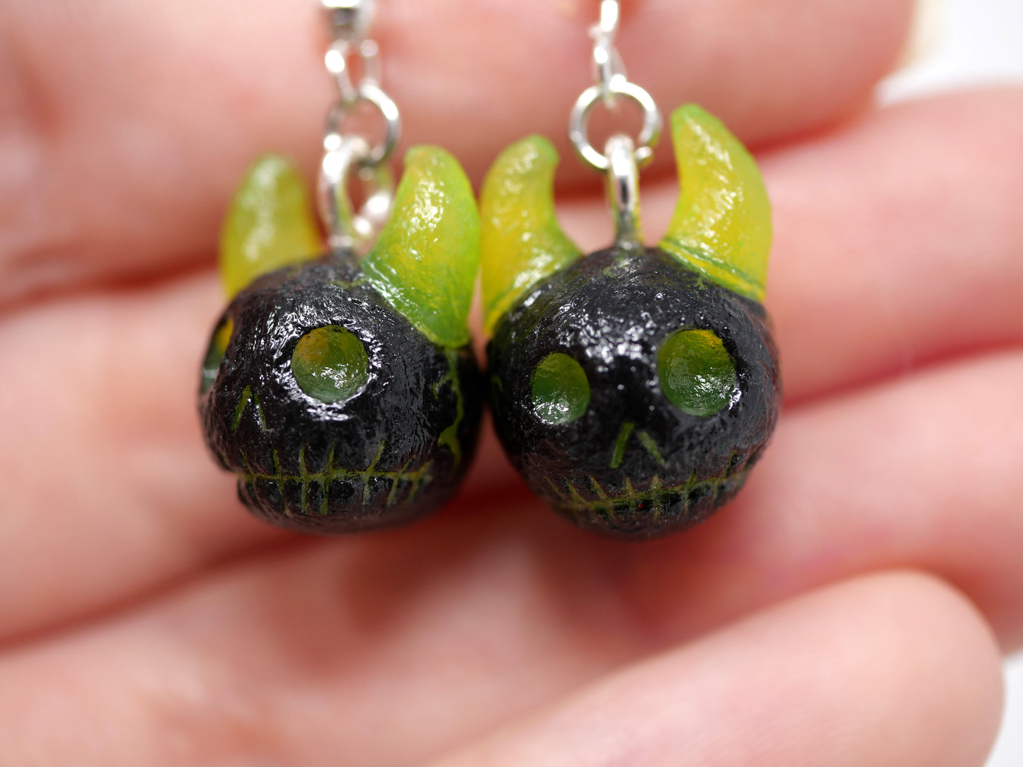 Neon Green and Black Demon Skull Earrings