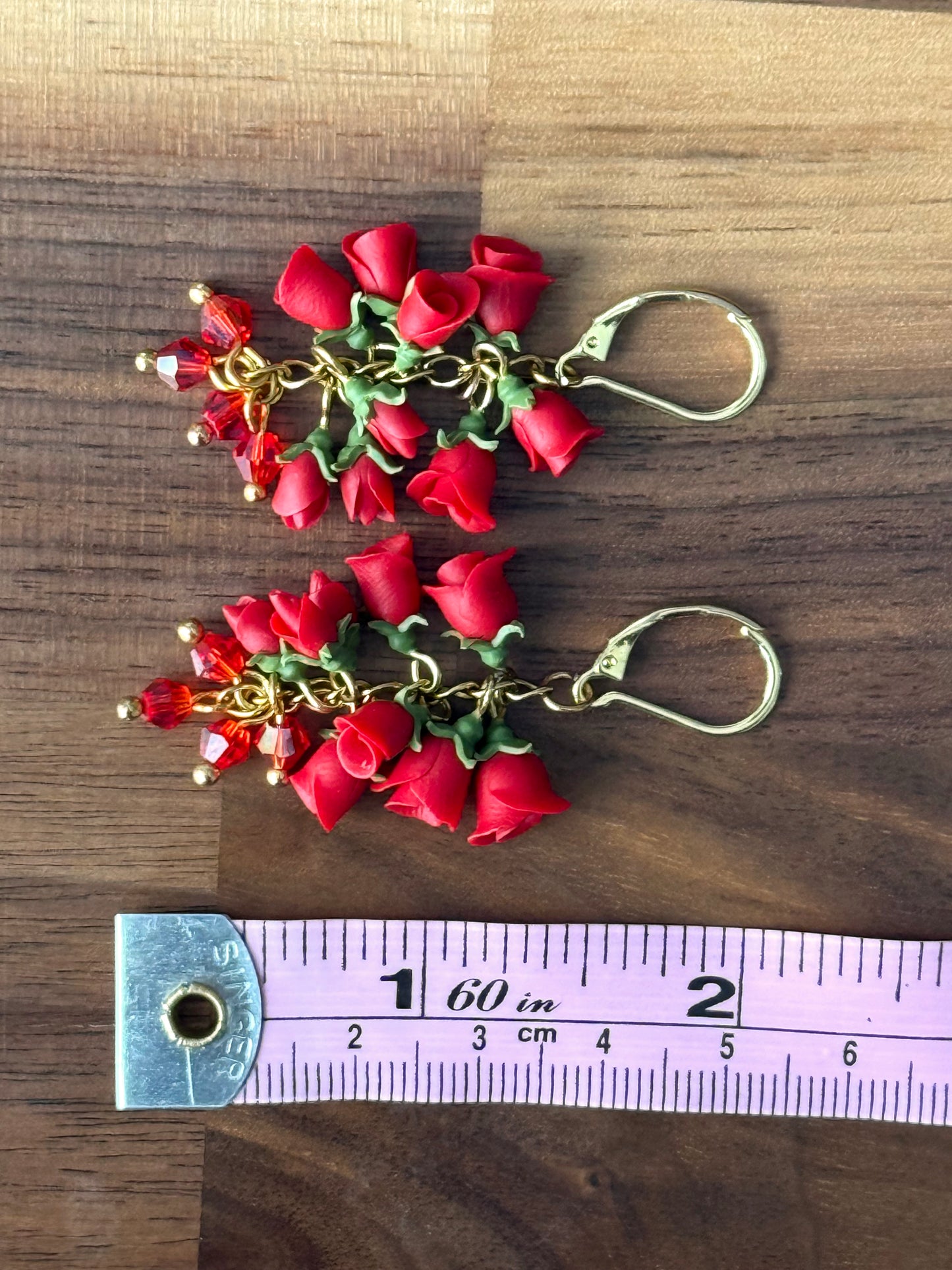 Bright Red Rose Polymer Clay Dangle Earrings